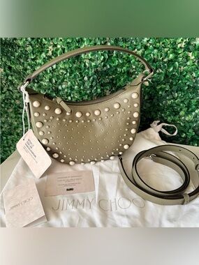 Jimmy Choo Olive / Khaki Pearl Studded Leather Hobo Bag NWT